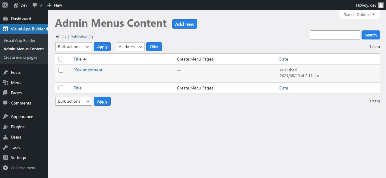 Admin Menus Content Board