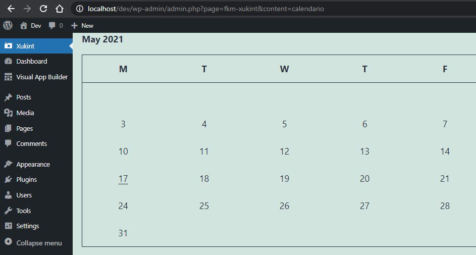 Calendario menu page